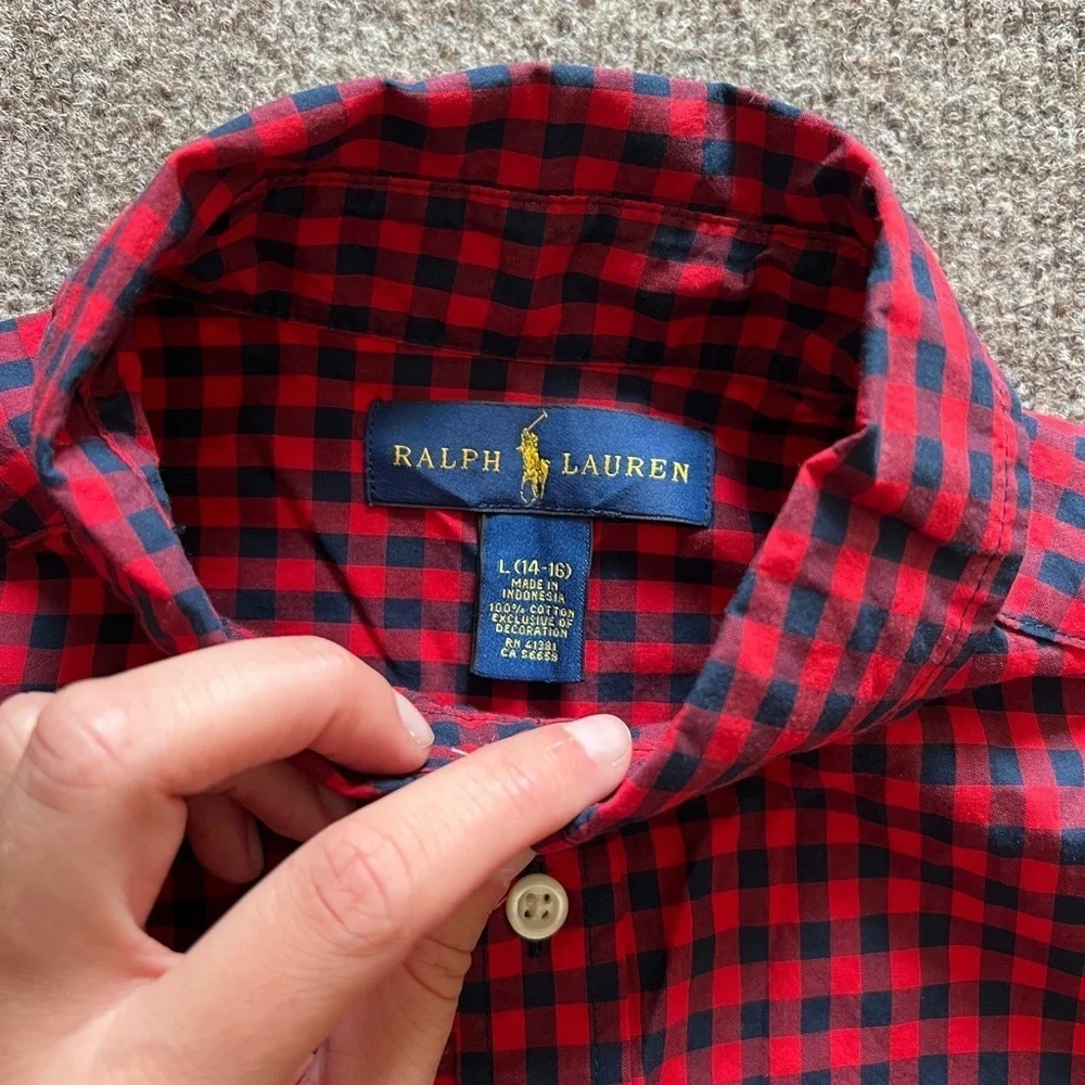 Ralph Lauren Red Gingham Checkered Button Down Long Sleeve Shirt Boys L (14-16)
